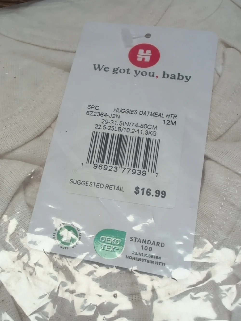 Huggies 6 Pack Organic Cotton Onesies Bodysuits Size 12 Months in Oatmeal